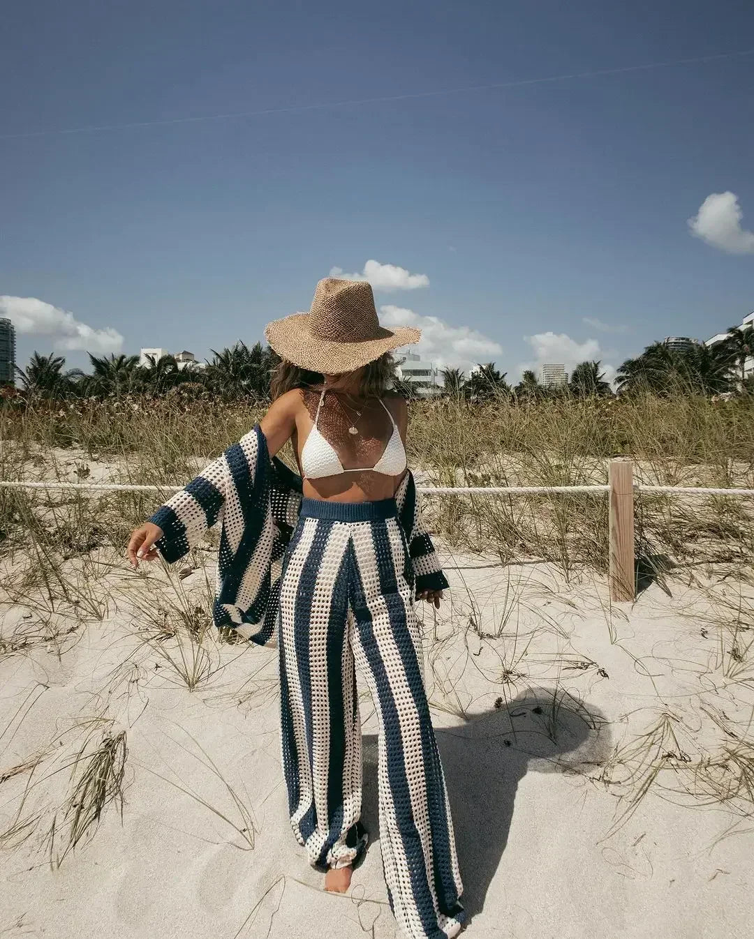 Zenaida™ | Σετ με κροσέ κιμονό και παντελόνι με ρίγες